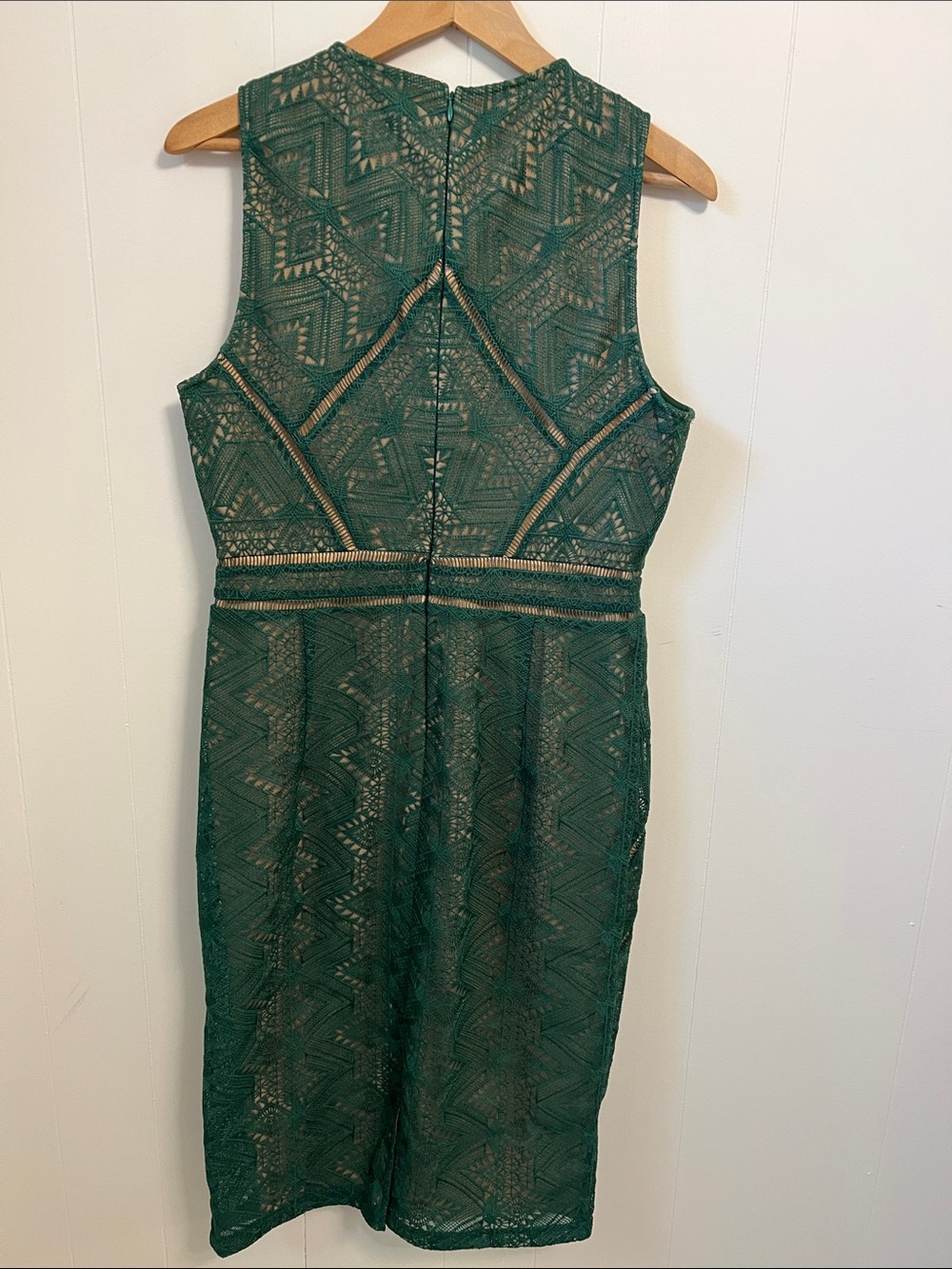 Bardot Eve Dark Green Sheer Crochet Lace Illusion Sleeveless Sheath Midi Dress 8 - Picture 8 of 16